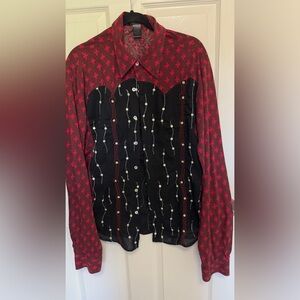 Vintage Style Red and Black Pattern Button Up Shirt Long Sleeve Cotton
